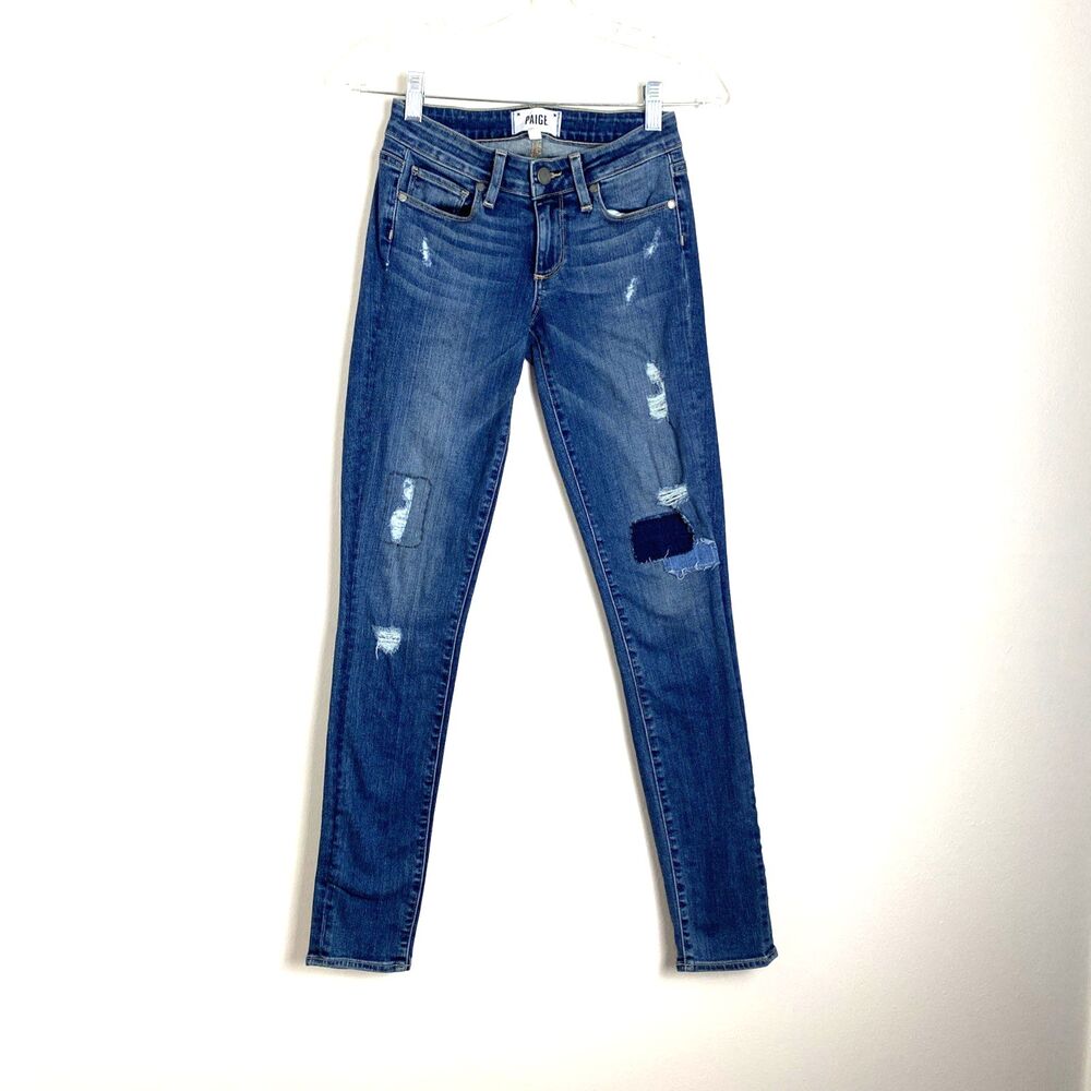 Paige Women's Verdugo Ultra Skinny Distressed Blue Jeans Size 23 Patchwork